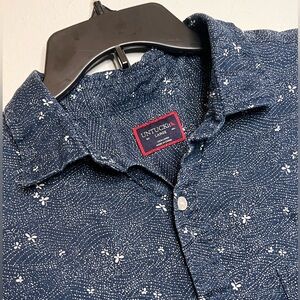 UNTUCKIT Men’s Large Linen Short Sleeve Button Up Blue White Butterfly Shirt